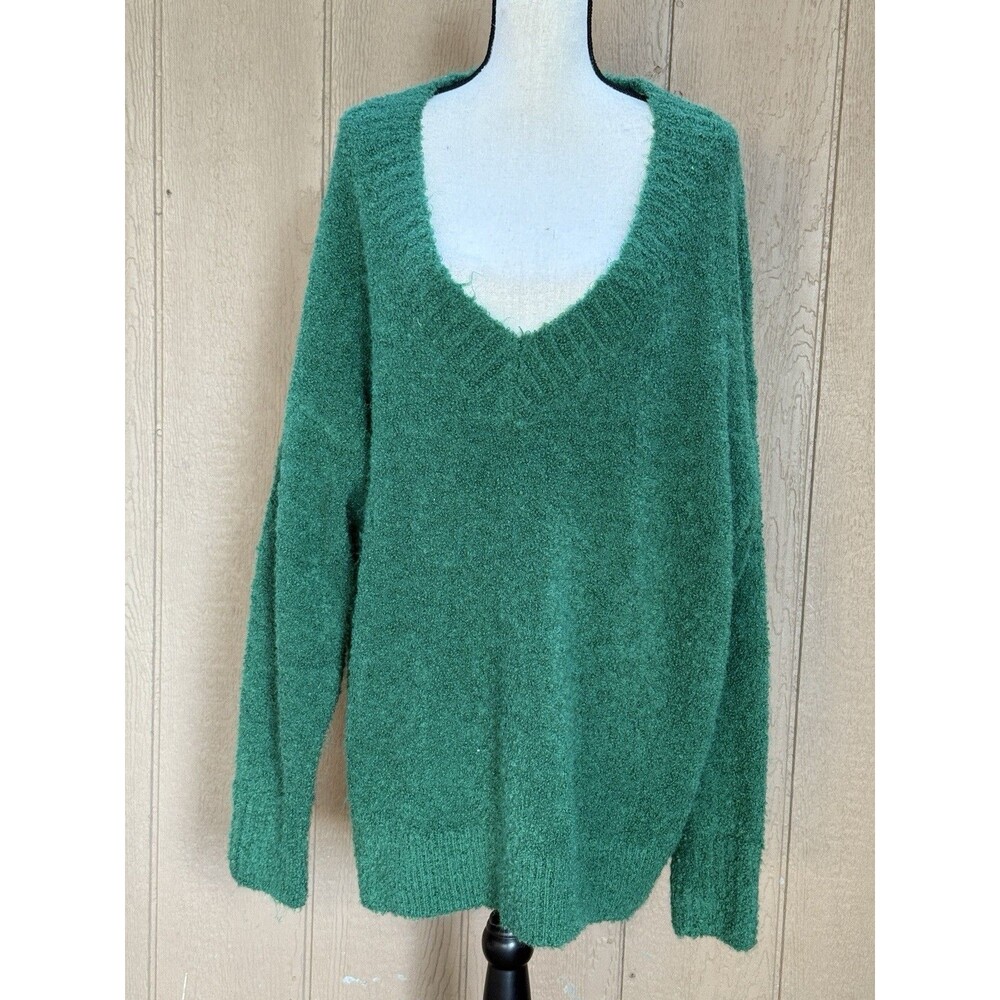 Aerie Cozy Teddy Boucle Fuzzy V-Neck Oversized Sweater Green XL